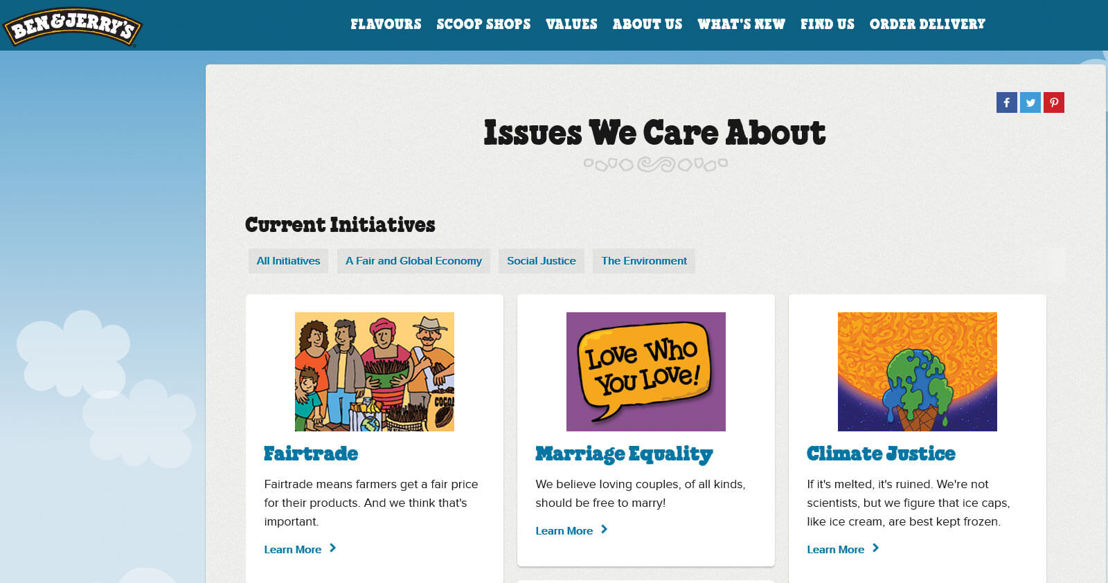 Ben & Jerry's issues we care about: Fairtrade, Marriage Equality, Climate Justice.